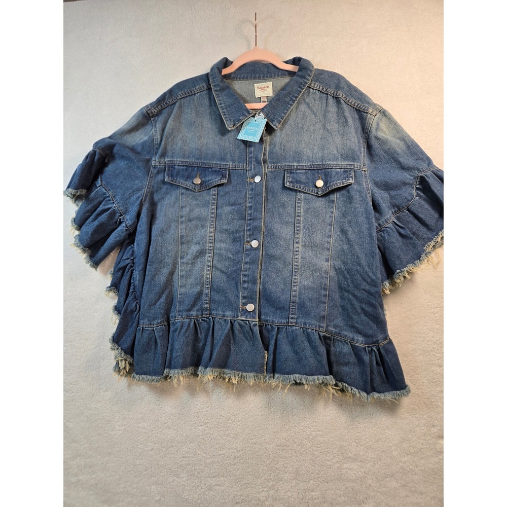 Hayden Los Angeles Womens 2XL 3XL Blue Denim Ruffle Short Sleeve Jacket H5588W